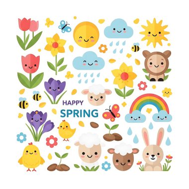 Şirin bahar çiçekleri ve kuşlar. Bahar mevsimi. Çizgi film karakterleri. Düz stil. Tebrik kartı, poster, afiş, el ilanı, poster için vektör illüstrasyonuName