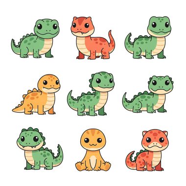 Bir grup sevimli dinozor. Çizgi film karakterinin vektör çizimi.