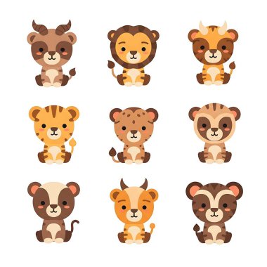 Sevimli hayvan çizgi film seti, düz stil.