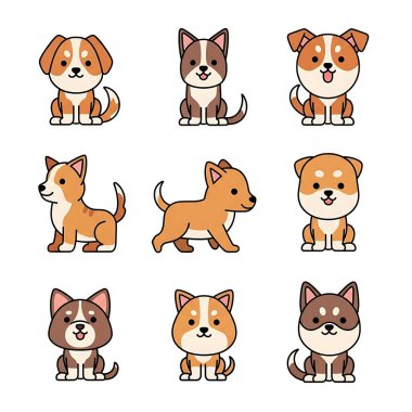 Bir dizi şirin köpek çizgi film ikonu. Vektör çizimi. Şirin yavru köpek karakter tasarımı.