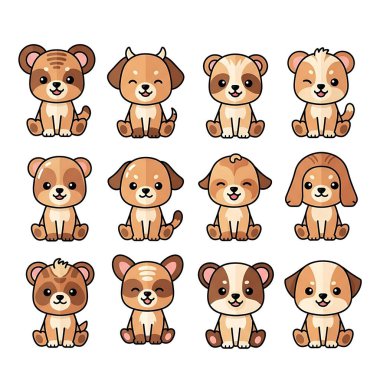 Şirin köpek çizgi film ikonu seti. Vektör. beyaz üzerine izole.