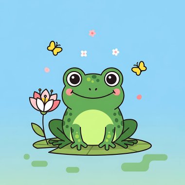 Çiçekli şirin kurbağa. Hayvan çocuk kartı ya da tişört baskısı için. çizgi film vektör illüstrasyonu.