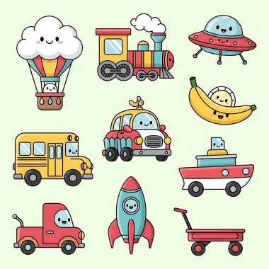 Sevimli el çizimi vektör karalama seti komik ulaşım, renkli çizgi film tarzı