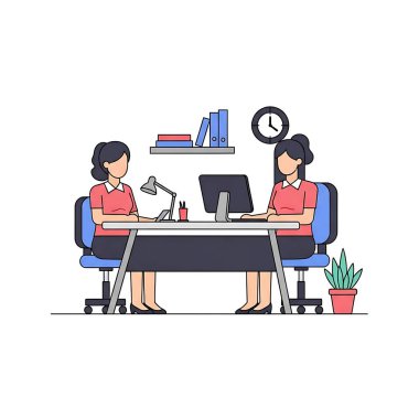 Ofiste çalışan iki genç iş kadını. vektör düz illüstrasyon.