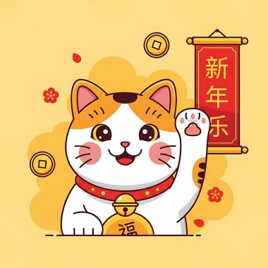 Mutlu Çin Yeni Yılı. Kaplanın 22 'nci yılı. Altın paraları ve çiçekleri olan Çinli karakterlerin çizgi film karakteri. düz vektör tasarımı