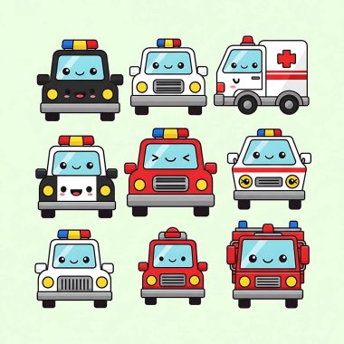 Çizgi film tarzında ambulans simgeleri