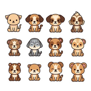 Sevimli köpek çizgi film karakter vektör çizimi seti