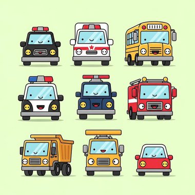Çizgi film karakteri polis arabası seti. vektör düz illüstrasyon