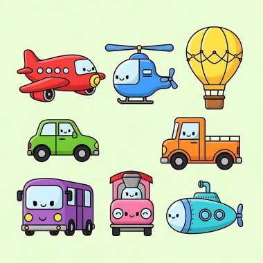 Çizgi film arabaları ve nakliye araçları. vektör illüstrasyonu