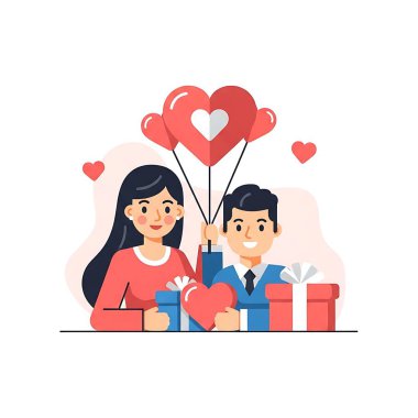 Sevgililer Günü konsepti. Kalp şeklinde kutu taşıyan çift, kırmızı kalpli kadın ve erkek. vektör illüstrasyonu