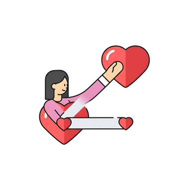 Karikatür kadını kalp ve mektup tutuyor.