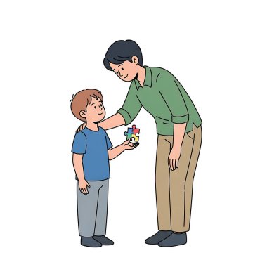 Bir çocuğun, babasına oğluna hediye veren bir çocuğun vektör düz çizimi. beyaz arkaplanda izole.