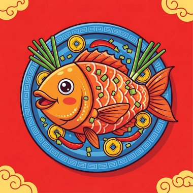 İçinde kırmızı balık olan Çin yılbaşı kartı.
