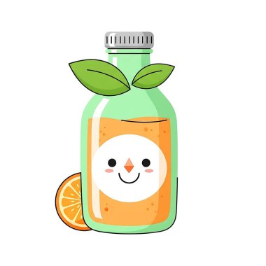 Cam şişenin içinde mutlu yüzlü şirin bir çizgi film limonu. Kawaii karakteri düz stil. vektör illüstrasyonu.