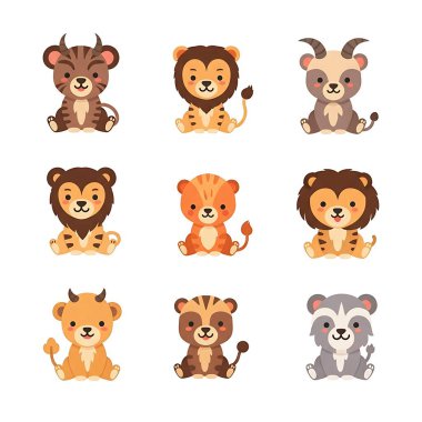 Beyaz arka planda izole edilmiş bir grup şirin çizgi film hayvanı.