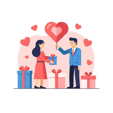 Hediye kutusuna aşık çift. Beyaz arkaplanda izole edilmiş vektör illüstrasyonu.