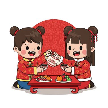 Mutlu Çin Yeni Yılı, tatlı çizgi film kızları geleneksel Çin Yeni Yılı, vektör illüstrasyonları