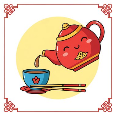 Çin yılbaşı kartı, kırmızı çaydanlık ve bir fincan çay..