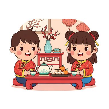 Yeni yılı kutlayan mutlu ailenin vektör çizimi