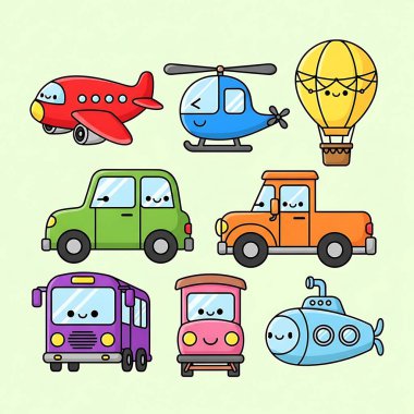 Değişik duygulara ve ulaşım araçlarına sahip bir çizgi film seti. Düz çizgi film tarzında vektör illüstrasyonu.