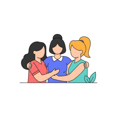 Elleri bir arada olan genç kadınlar vektör resimlerini çiziyorlar.