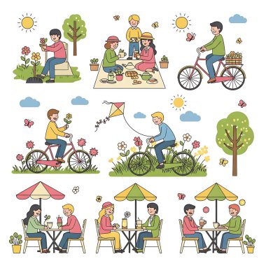 Aile aktiviteleri. Mutlu çocuklar, aile aktiviteleri, ebeveynler ve çocuklar, vektör seti, düz stil. izole vektör illüstrasyonu