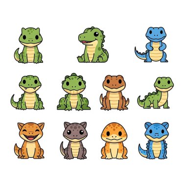 Bir dizi şirin timsah çizgi filmi. Beyaz arka planda izole edilmiş. vektör illüstrasyonu.