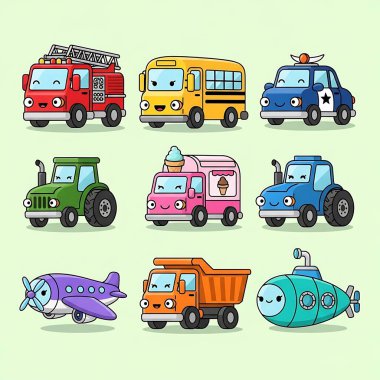 Çizgi film arabalarının ve araçların vektör kümesi