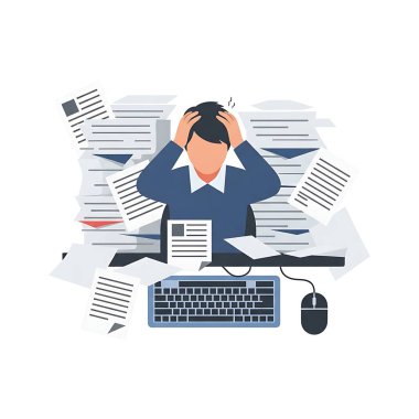 Bir yığın kağıt üzerinde oturan bir iş adamı. vektör