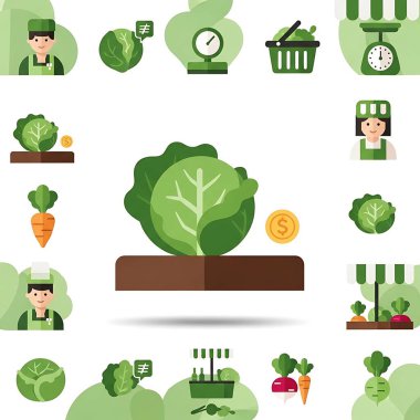 çiftlik taze ve sağlıklı yiyecek ikonu seti, düz stil.