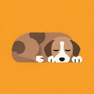 Köpek uyku pozisyonunda yatıyor. Köpek yatağında uyuyan köpek yavrusunun düz çizgi film çizimi..