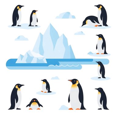 Penguen, penguen ve buzun düz çizimi