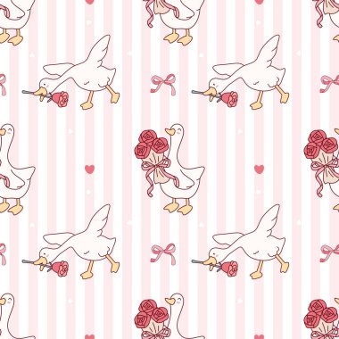 Üzerinde pembe çizgiler ve kalpler olan gül buketleri ve tek güller tutan, kusursuz çizgi film kazı desenleri. Sevgililer Günü ya da romantik kumaş tasarımları için mükemmel..