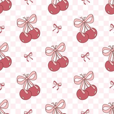 Elle çizilmiş pembe ve kırmızı kirazları damalı arka planda birbirine bağlayan hoş, pürüzsüz desenler..