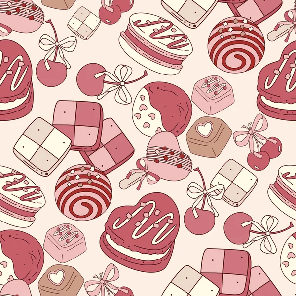 Kusursuz pembe ve kırmızı sevgililer günü ikramı: kalp kurabiyeleri, çikolatalar ve açık arkaplanda kirazlar.