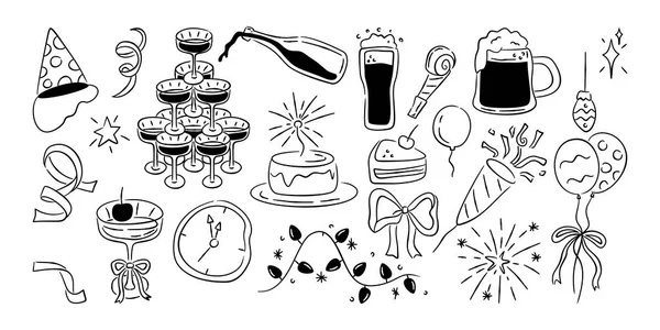 Yılbaşı partisi öğelerinin el çizimi sanat setinde şampanya bardakları, saat, pasta, bira, konfeti ve süslemeler yer alıyor..