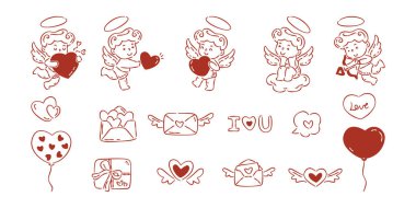 Elle çizilmiş aşk tanrısı, melek, kalpler, mektup ve sevgililer günü için hazırlanmış balon karalamaları. Aşk tema simgesi koleksiyonu kırmızı ve beyaz.