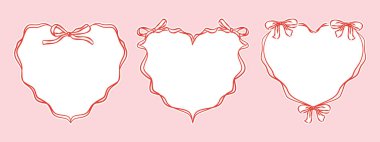 Dekoratif fiyonklu el yapımı kırmızı kalp çerçeveleri Sevgililer Günü kartları, düğün davetiyeleri ve romantik tasarım unsurları için mükemmel..