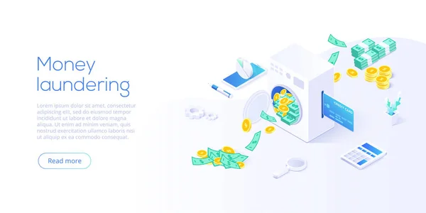 Money laundering isometric vector illustration. Corruption and illegal business concept background with machine washing paper currency and coins. Web banner layout template.