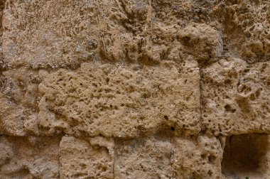 Parlak gün ışığı altında ayrıntılı dokusu olan pürüzlü bir taş duvar. Tasarım, web siteleri, reklamlar ve yazıcı materyalleri için mükemmel bir arkaplan.