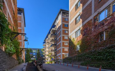 Kırmızı tuğla, sarmaşık ve yaban asmaları ile Tiflis konut binasının cepheleri, doğa ve mimarinin harmanlanması.