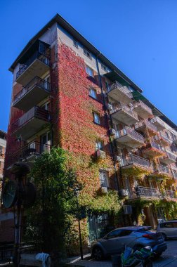 Gürcistan 'da kırmızı tuğlalı evler, yeşil ağaçlar ve sakinler için rahat sokaklar olan yerleşim yerleri.