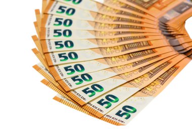 50 avroluk güzel bir hayran aranjmanı saf beyaz arka planda çarpıcı dairesel bir kompozisyon oluşturuyor. Premium finansal kavramlar için mükemmel.