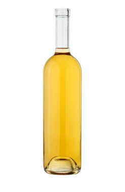 Etiketsiz ve tıpası olmayan temiz beyaz şarap şişesi. Profesyonel olarak saf beyaz arka planda izole edilmiş. Minimalist sunum şişenin boynu ve açılışı.