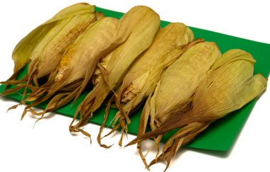 Kavrulmuş mısırı yakın plan altın çekirdekli ve kömürleşmiş kenarlı koçanında..