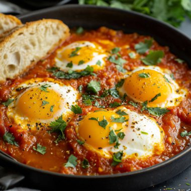 Taze otlarla süslenmiş domates sosunda haşlanan ve kızarmış ekmekle servis edilen tuzlu yumurta tabağı..