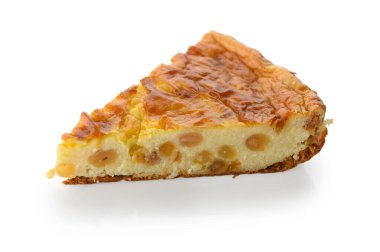 Delicious slice of traditional cottage cheese pie with raisins, professionally photographed on clean white background. Perfect for dessert photography and bakery concepts.