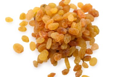 A top-down view of plump golden raisins scattered on a pure white background. The clean, minimalist composition focuses on the honeyed color and unique wrinkled texture of each sun-dried berry.