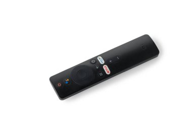 A sleek black remote control for a multimedia set-top box, isolated on white background. Features modern button layout and ergonomic design for convenient media control.