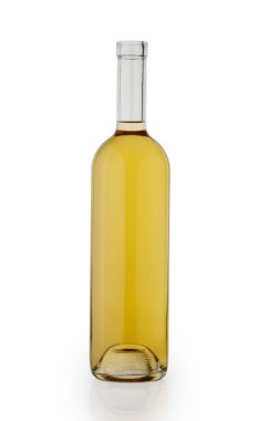 An elegant white wine bottle isolated on pure white background. The classic bottle shape and labeling represent quality wine presentation for commercial or culinary use.